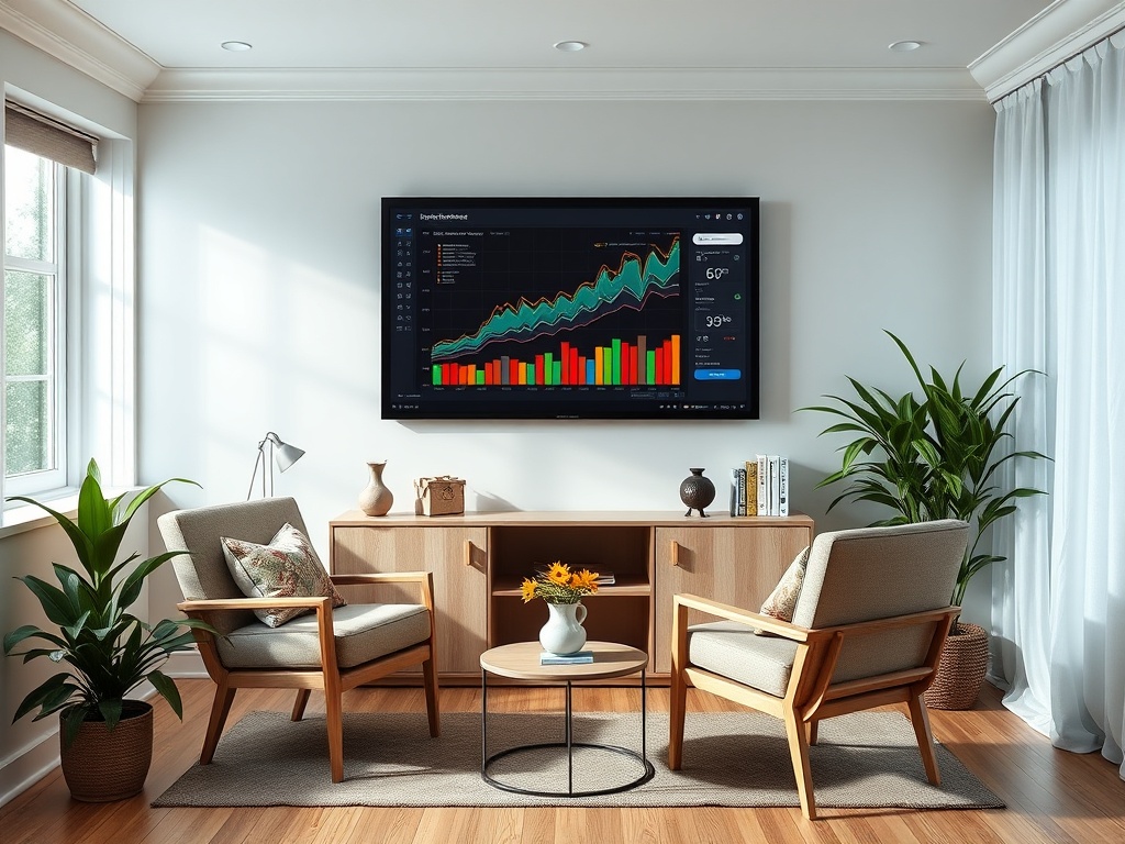 Современная гостиная с телевизором, отображающим график, и уютной мебелью. Зелёные растения добавляют свежести.