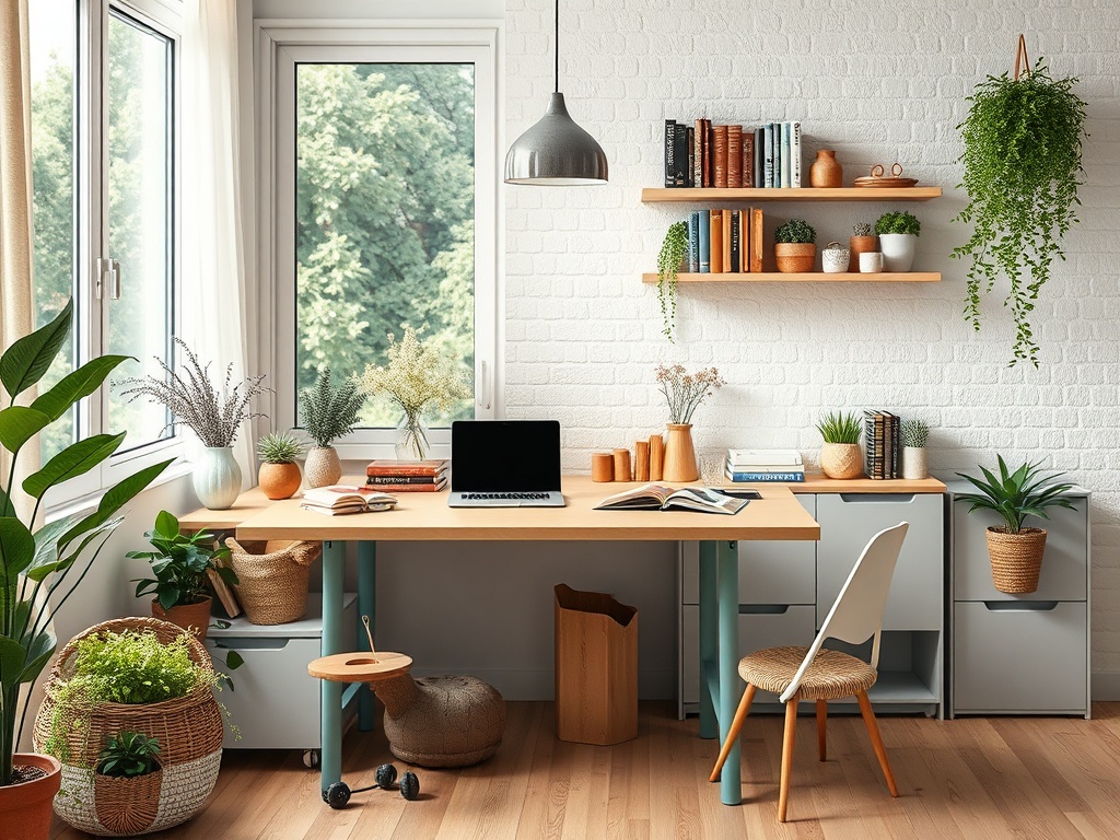 Светлый офис с деревянным столом, растениями и книгами на полках, большие окна с видом на природу.