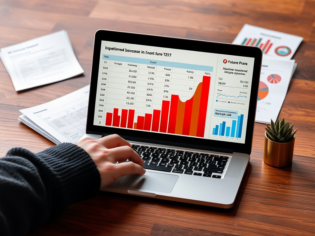 На экране ноутбука представлены графики и таблицы с аналитикой и данными о продажах.