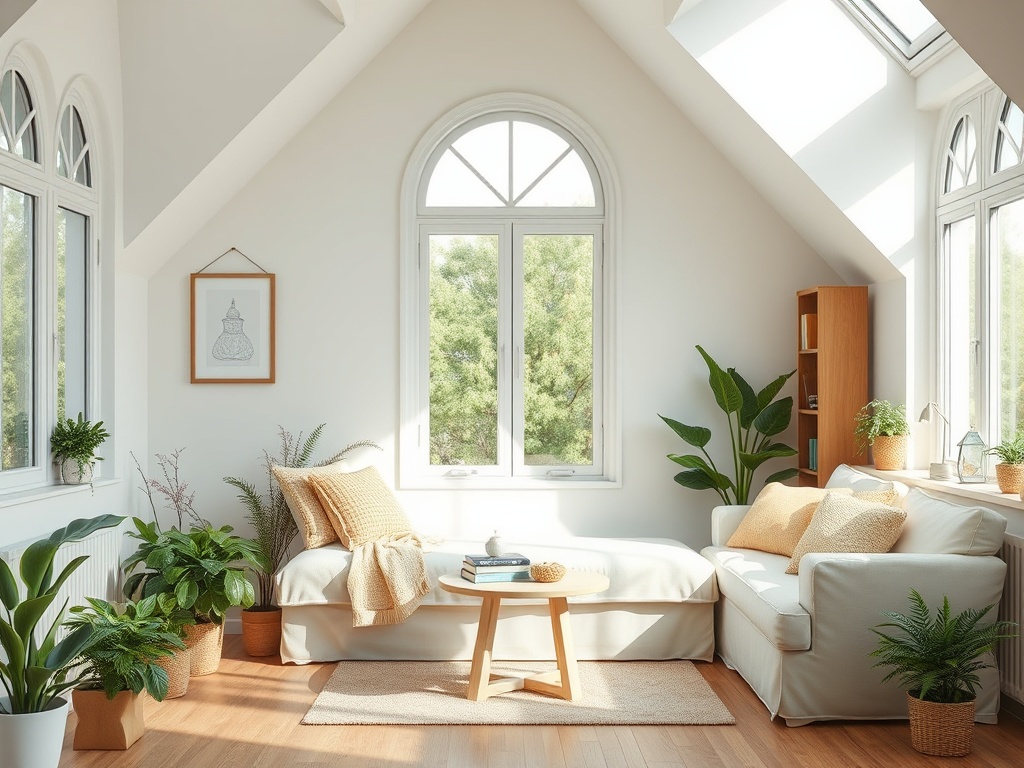 Светлая комната с большими окнами, зелеными растениями и уютной мебелью в современном стиле.