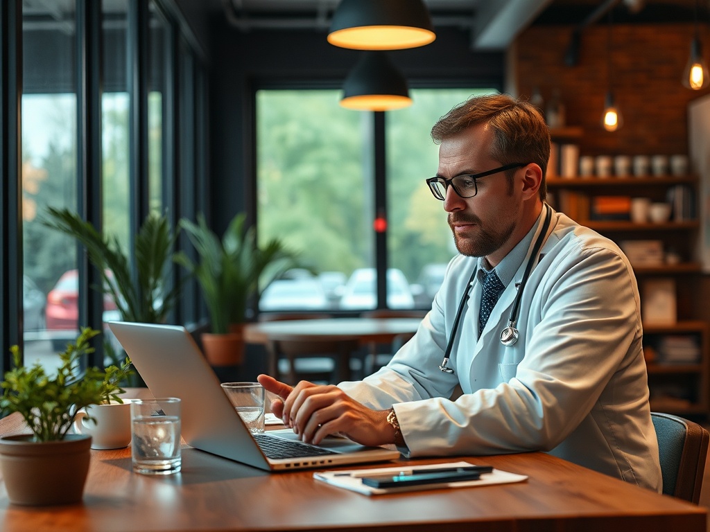 Врач в белом халате работает за ноутбуком в кафе, на столе растения и кружка с водой.