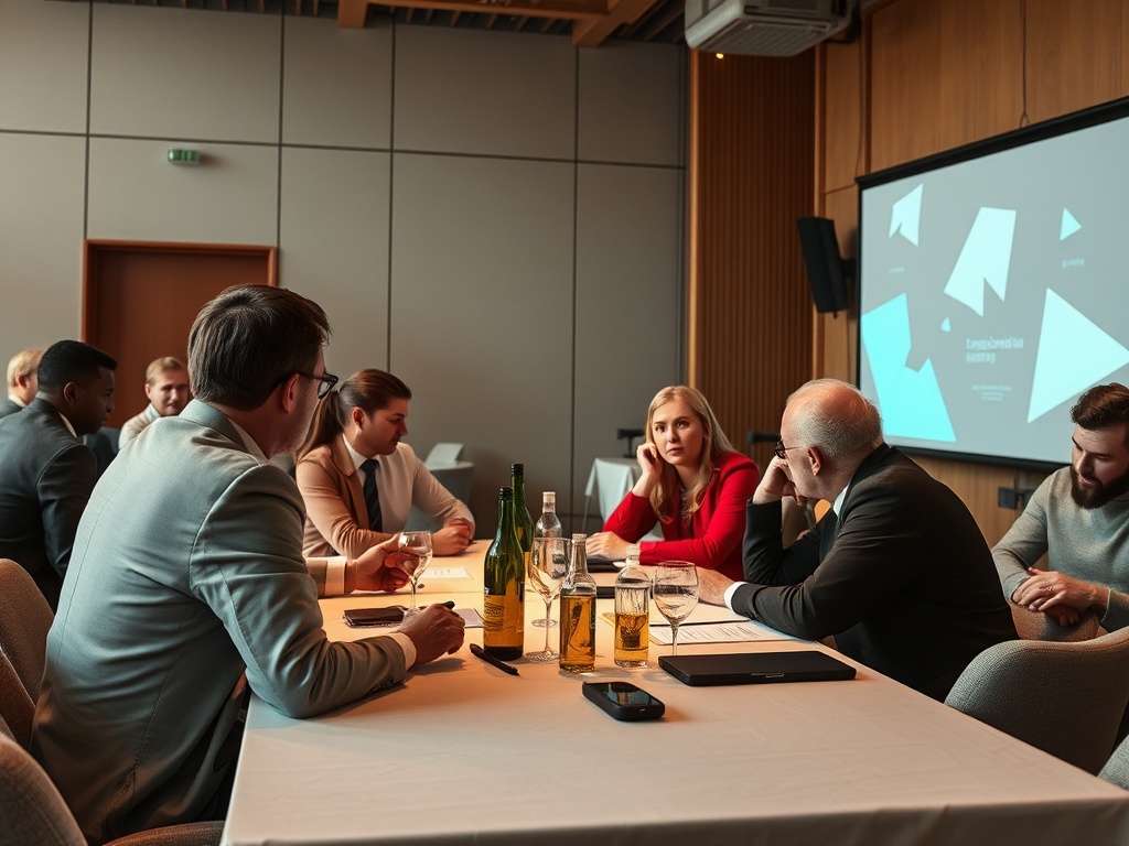 В деловой встрече участвуют несколько человек. Обсуждение идет за длинным столом. На экране проектор.