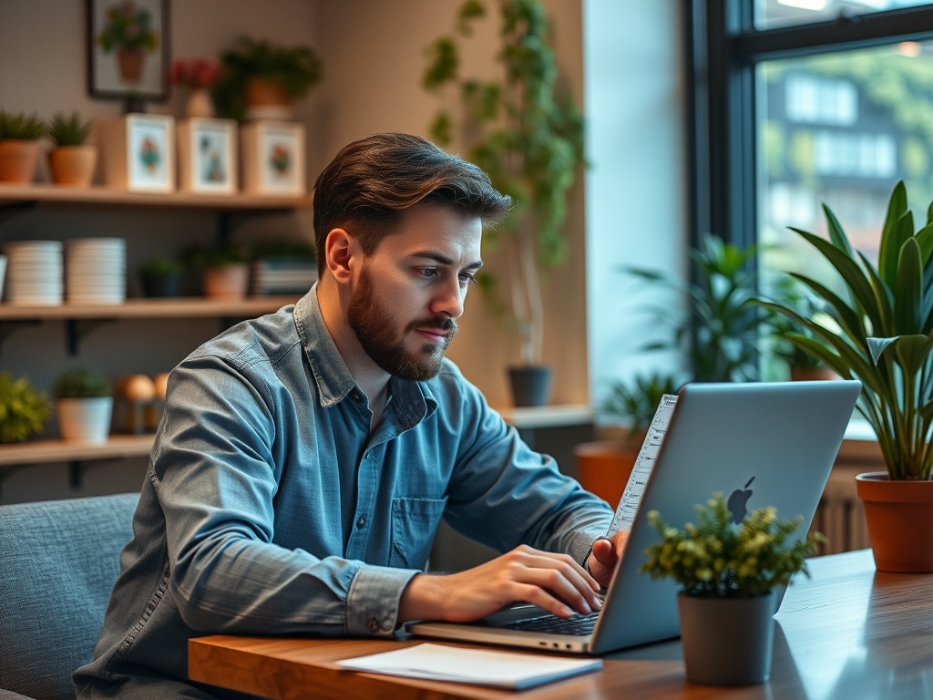 Молодой мужчина работает за ноутбуком в уютном кафе, окружённом растениями и мягким светом.